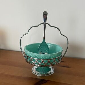 VINTAGE Elegant Silver and Green service Bowl with Spoon 🐚🍬